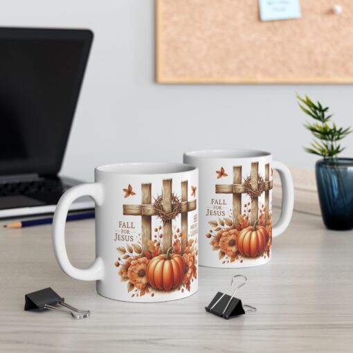11oz Mug: Fall for Jesus, He never leaves - Inspirational Christian Gift