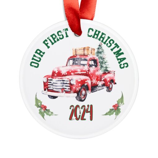 "Our First Christmas 2024" Vintage truck Acrylic Ornament with Ribbon - Image 2