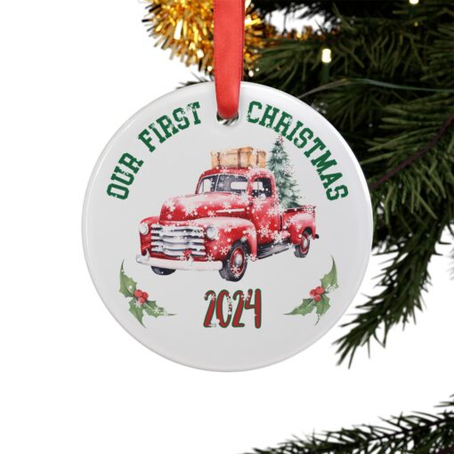 "Our First Christmas 2024" Vintage truck Acrylic Ornament with Ribbon