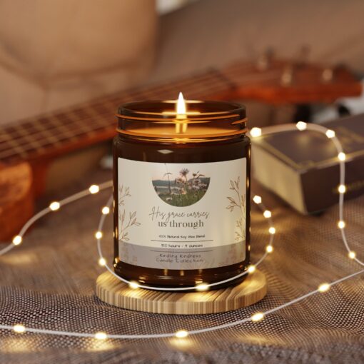 "His Grace Carries Us Through" | Faith Candle, Rustic Farmhouse Decor, Amber Glow, Cozy Christian Gift, Inspirational Home Blessings