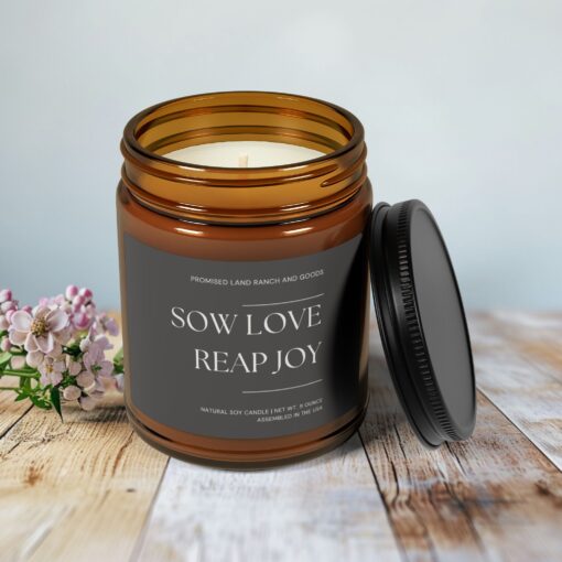 Sow love, reap joy. - Inspirational Scented 4 & 9 oz Candle for Faith & Home-Amber Jar - Image 5