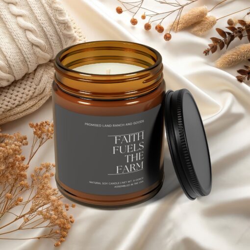 Faith fuels the farm - Inspirational Scented 4 & 9 oz Candle for Faith Home-Amber Jar - Image 6