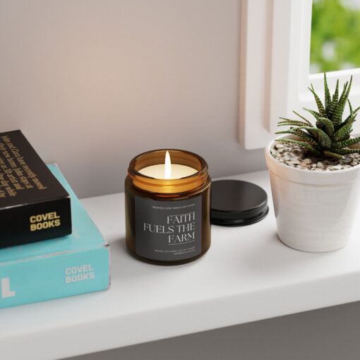 Faith fuels the farm - Inspirational Scented 4 & 9 oz Candle for Faith Home-Amber Jar - Image 3
