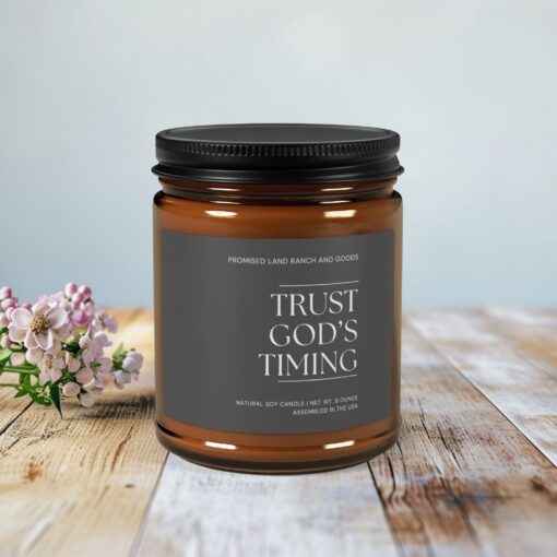 Trust God's Timing- Scented Soy Candle - Amber Jar - Image 2
