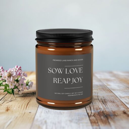 Sow love, reap joy. - Inspirational Scented 4 & 9 oz Candle for Faith & Home-Amber Jar - Image 2