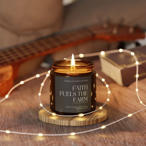 Faith fuels the farm - Inspirational Scented 4 & 9 oz Candle for Faith Home-Amber Jar - Image 2