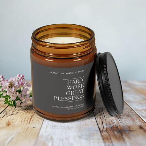 Hard work, Great Blessings - Inspirational Scented 4 & 9 oz Candle for Faith & Home-Amber Jar - Image 2