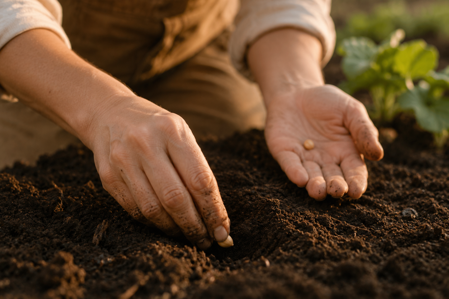 Close-up of hands pressing a seed into rich dark soil. Soft natural light from the side. One seed visible in the palm before being planted. Warm earthy tones, cream and brown palette. No text. Photorealistic farmstead aesthetic.