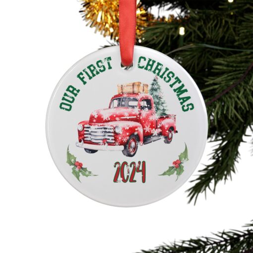 "Our First Christmas 2024" Vintage truck Acrylic Ornament with Ribbon - Image 4