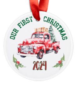 "Our First Christmas 2024" Vintage truck Acrylic Ornament with Ribbon