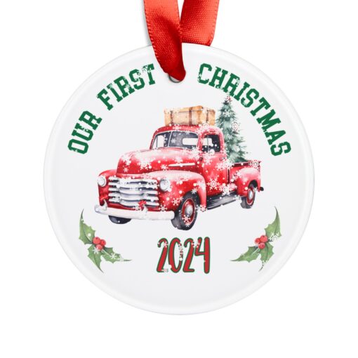 "Our First Christmas 2024" Vintage truck Acrylic Ornament with Ribbon