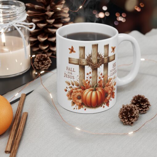 11oz Mug: Fall for Jesus, He never leaves - Inspirational Christian Gift - Image 4