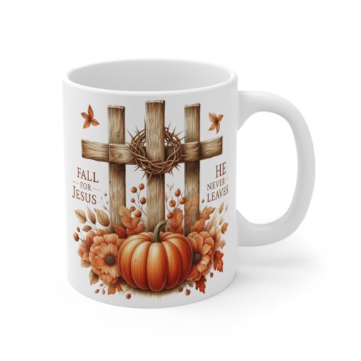 11oz Mug: Fall for Jesus, He never leaves - Inspirational Christian Gift - Image 3