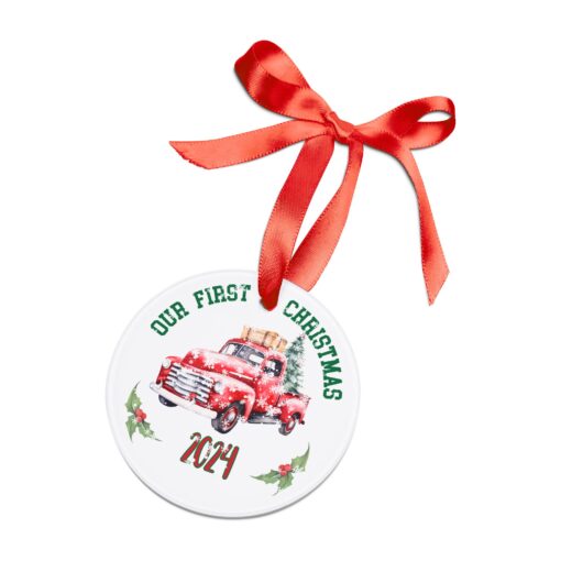 "Our First Christmas 2024" Vintage truck Acrylic Ornament with Ribbon - Image 3