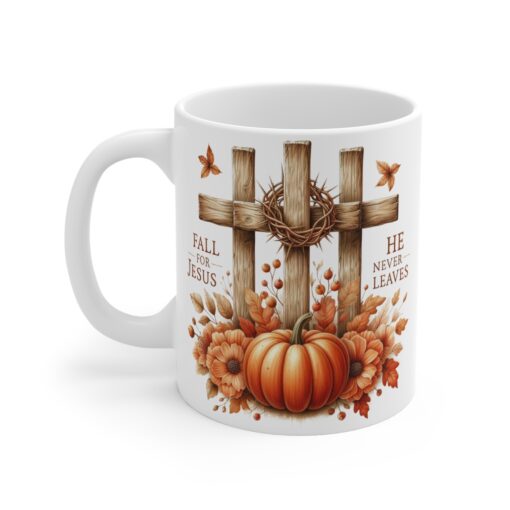 11oz Mug: Fall for Jesus, He never leaves - Inspirational Christian Gift - Image 2