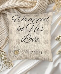 Alternative view of Personalized Woven Pillow – Wrapped in His Love Christian Farmhouse Decor with Family Name & Established Year, Rustic Faith Home Accent