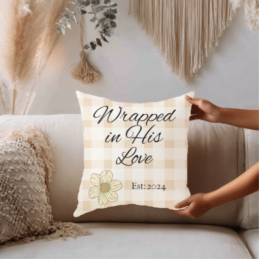 Wrapped in His Love Personalized Woven Pillow – Custom Farmhouse Decorative Cushion with Family Name & Established Year, Christian Home Accent, Gift for Housewarming, Holidays & Friends