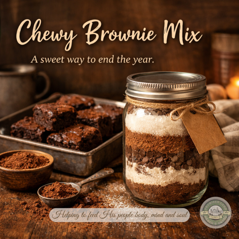 Simple pantry ingredients for homemade chewy brownie mix on a rustic kitchen counter