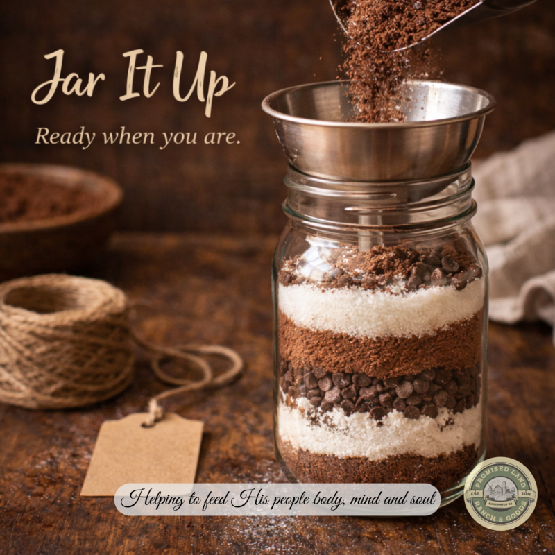 Homemade brownie mix being poured into a glass jar for pantry storage