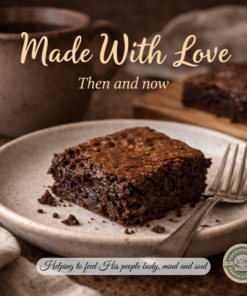Chewy homemade brownie served on a plate with a warm mug in a cozy kitchen