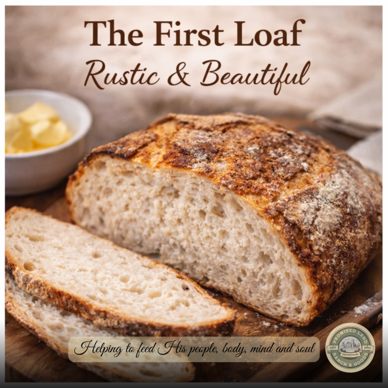 Sliced sourdough bread with butter in a cozy farmhouse kitchen
