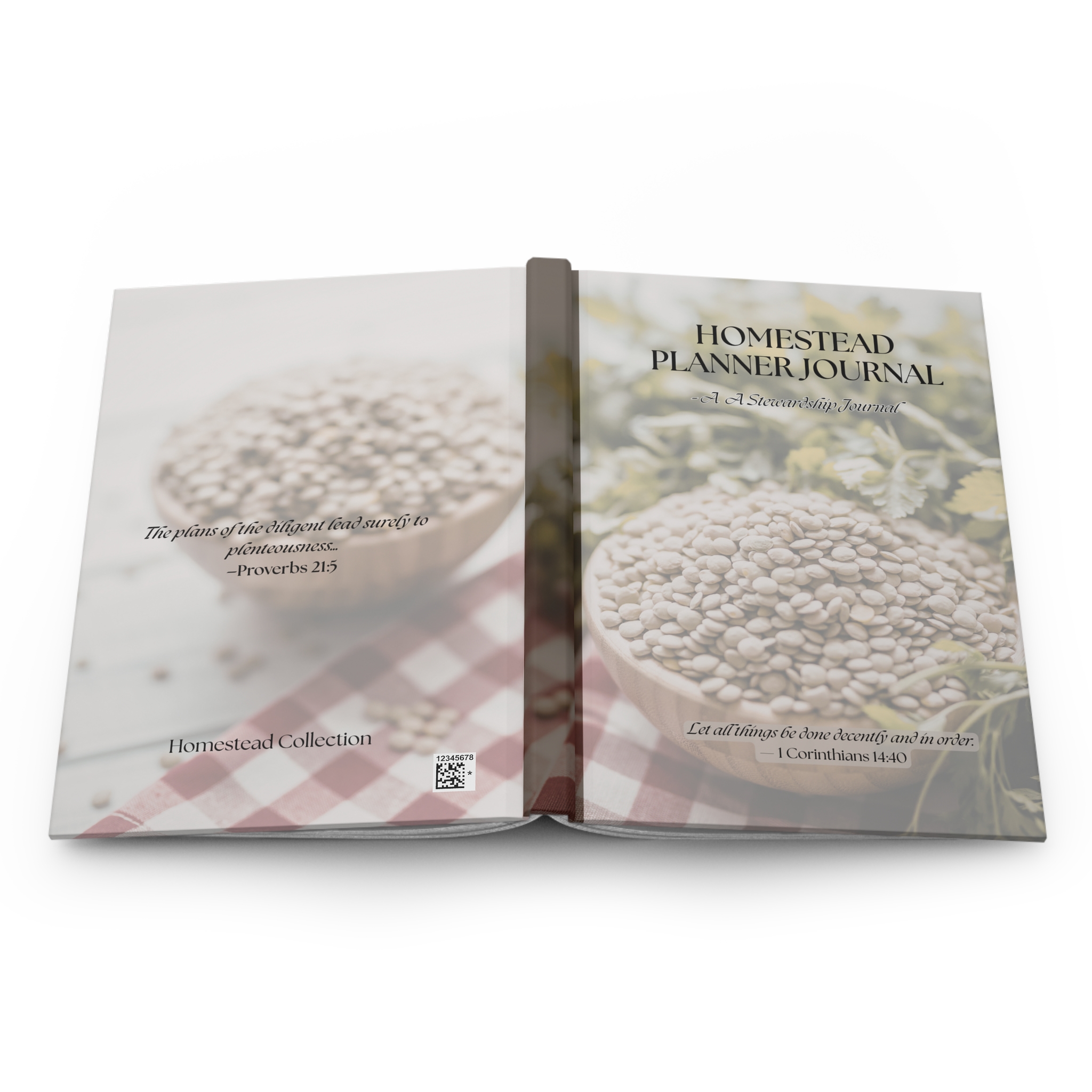 Homestead Planner Journal hardcover with rustic farmhouse design featuring garden tools, seed packets, fresh bread, and warm kitchen light, Christian farm planning notebook for simple living.