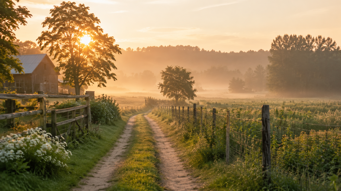Quiet farmstead field at sunrise, a picture of learning to trust God in hard seasons