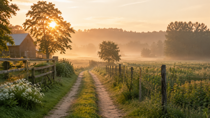 Quiet farmstead field at sunrise, a picture of learning to trust God in hard seasons