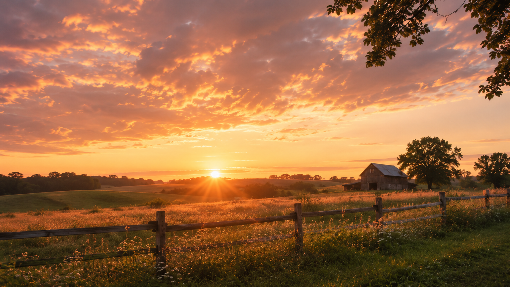 Sunset over a quiet farmstead, a gentle reminder to trust God in hard seasons