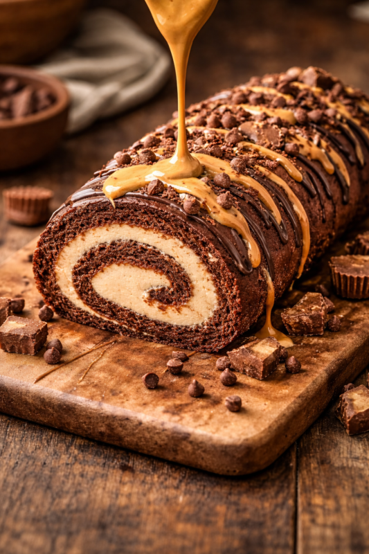 peanut butter drizzle over chocolate cake roll dessert