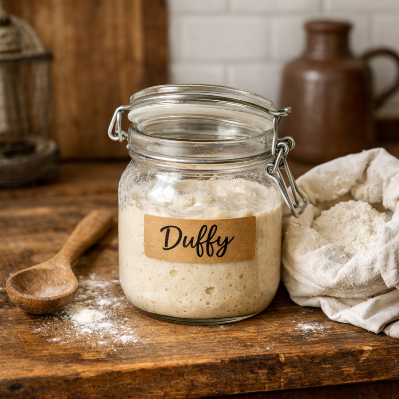 Glass jar sourdough starter labeled Duffy sitting on rustic wooden counter in farmhouse kitchen with flour and wooden spoon.