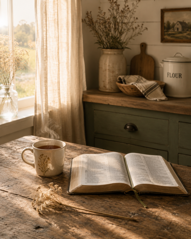 overwhelmed as a Christian — a quiet farmhouse table with an open Bible and a warm cup of tea