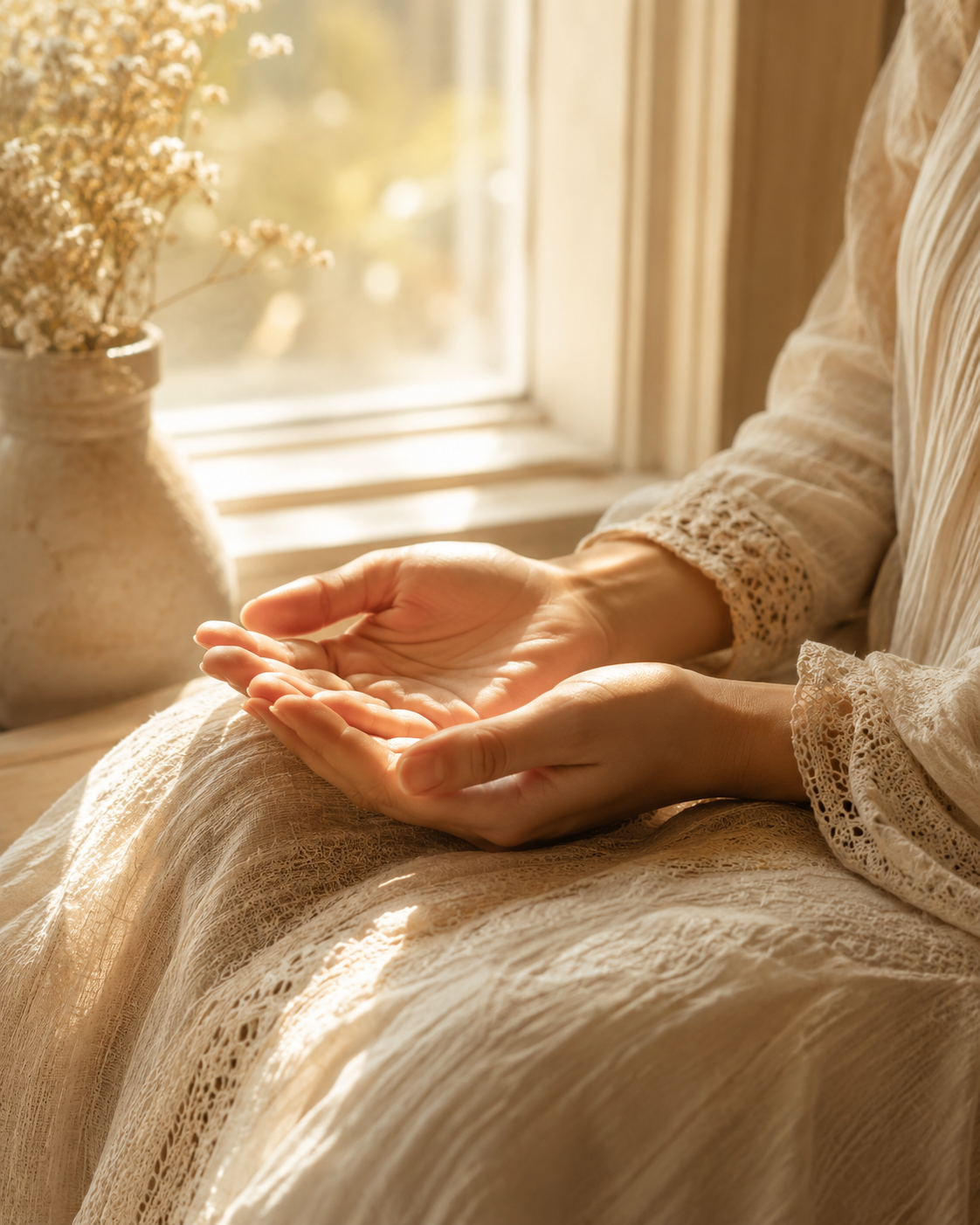 Open hands resting peacefully near a window, a symbol of releasing worry and trusting God