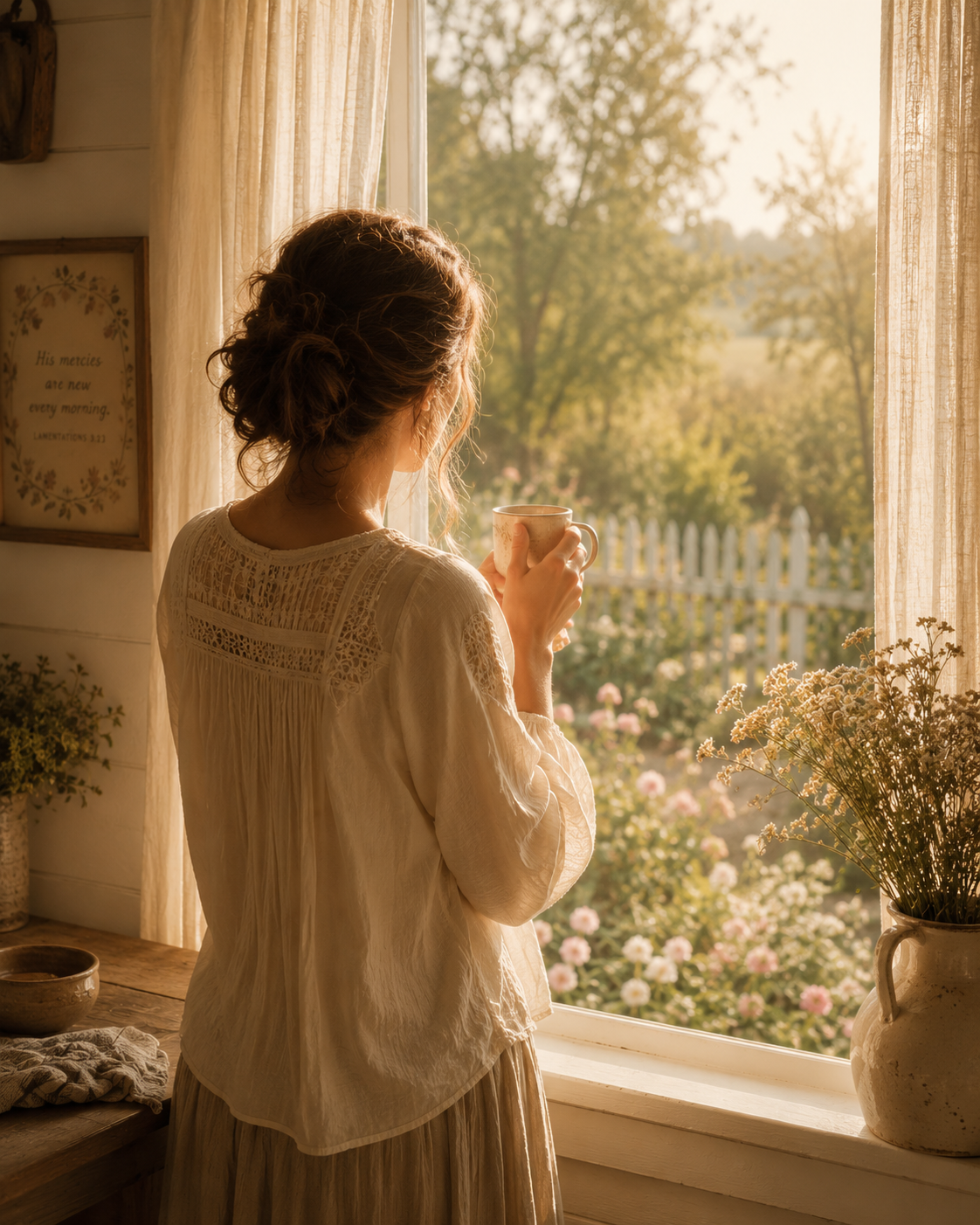 A woman standing at a farmhouse window holding a warm mug, resting in a quiet moment with God
