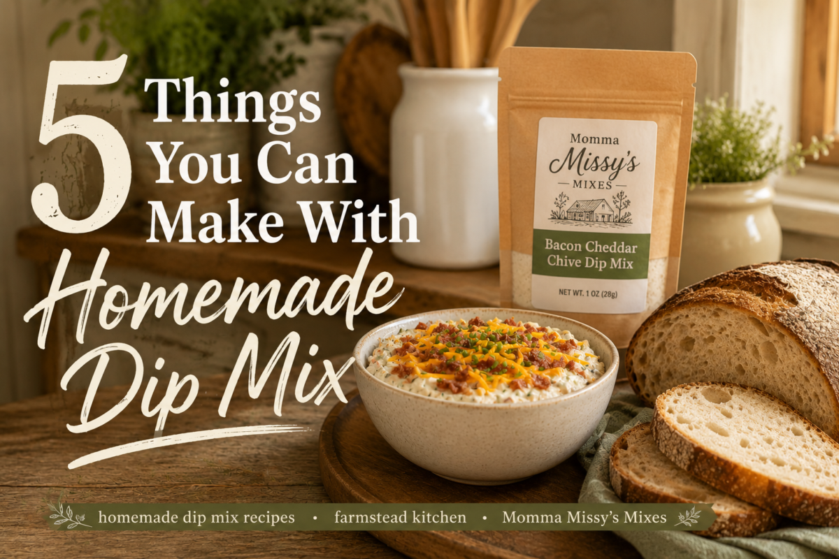 A warm rustic farmhouse kitchen scene featuring a creamy bacon cheddar chive dip in a ceramic bowl topped with shredded cheddar, crispy bacon bits, and fresh chives beside sliced artisan sourdough bread. A kraft paper pouch labeled bacon cheddar chive dip mix stands in the background with soft golden morning light streaming through the kitchen window.