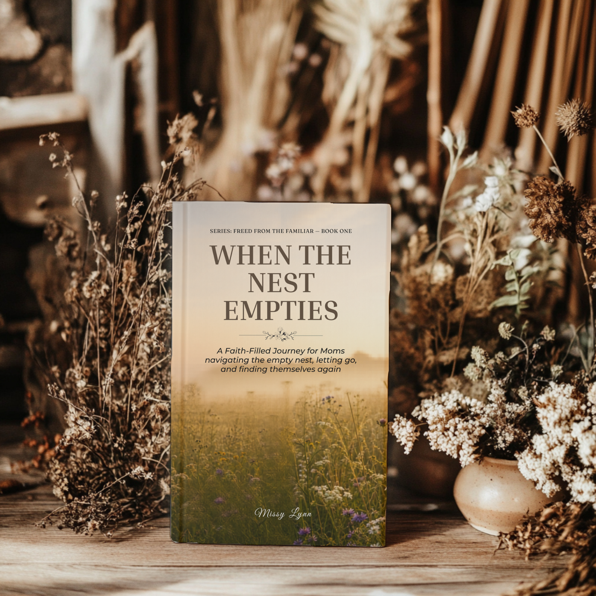 Dried florals and barn wood When the Nest Empties faith ebook standing among dried wildflowers and farmstead decor
