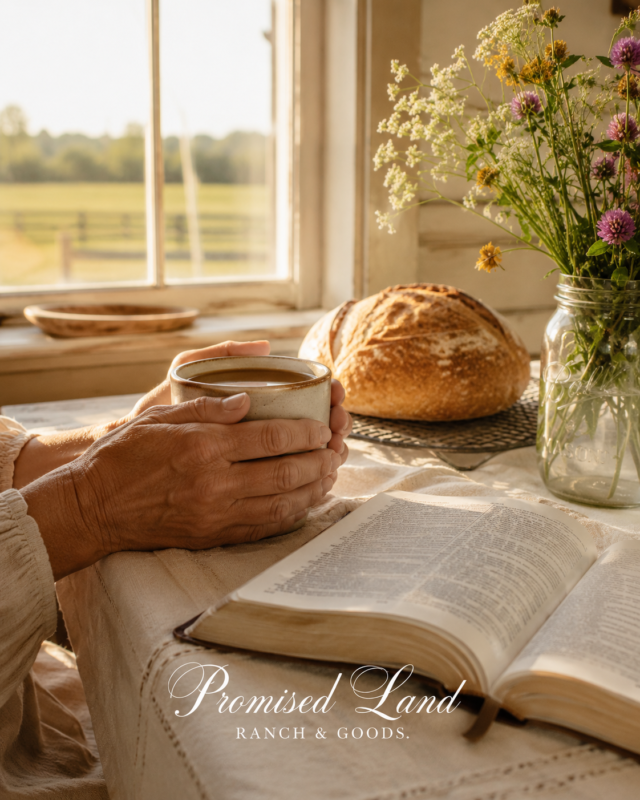 Here it is, ready to copy: `Woman's hands holding a stoneware mug in a warm farmhouse kitchen — farmstead lifestyle for women at Promised Land Ranch and Goods`