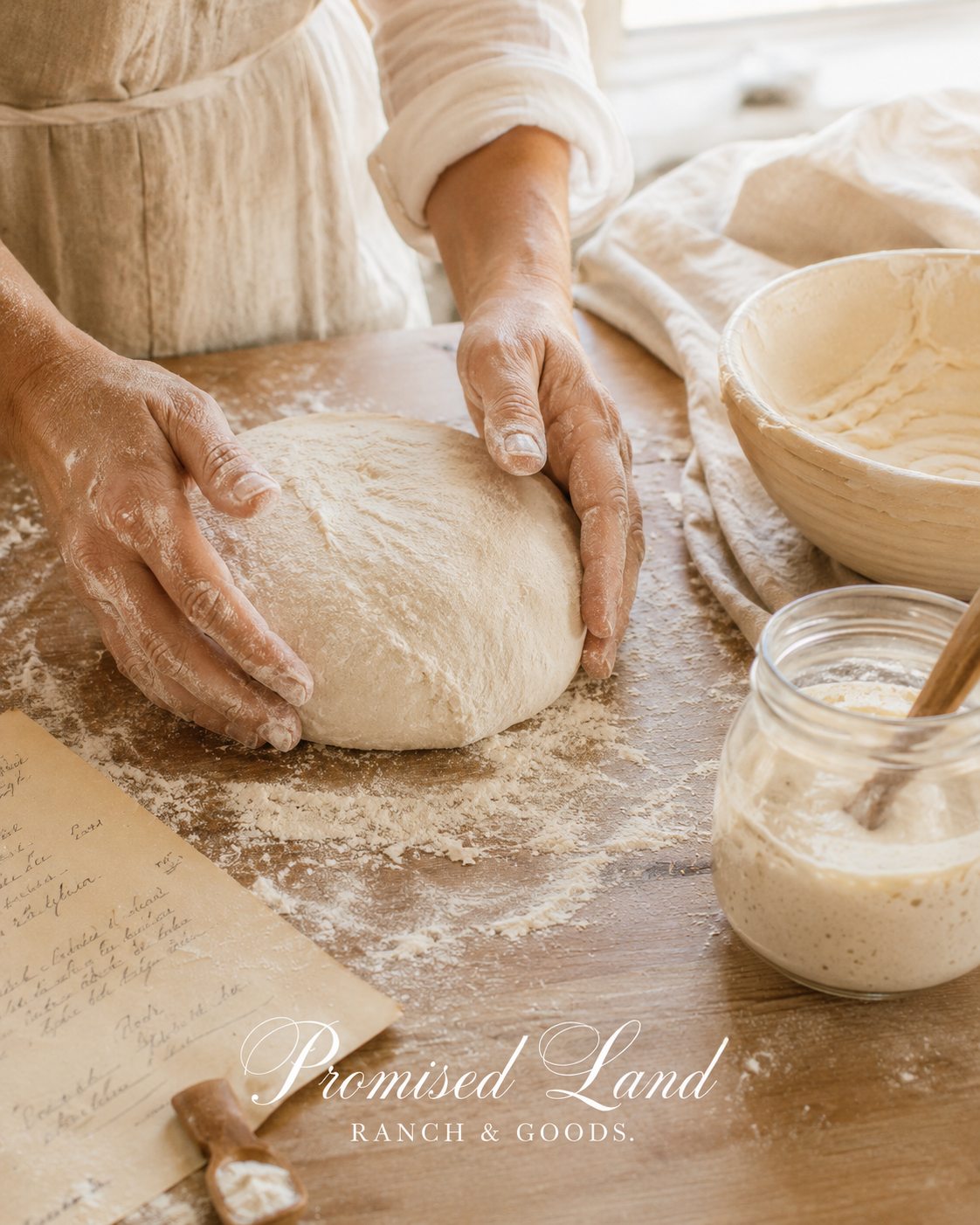 Hands shaping sourdough dough on a floured wood surface — slow living and farmstead lifestyle at Promised Land Ranch and Goods