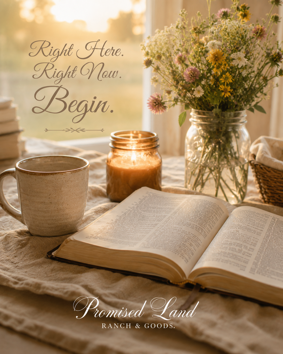 Open Bible with candle and wildflowers on a farmstead table — faith and intentional living at Promised Land Ranch and Goods