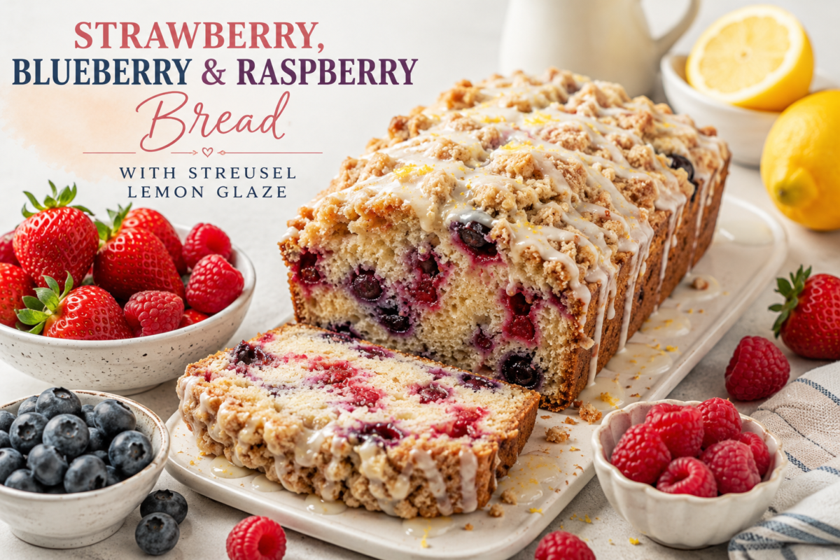 A golden mixed berry bread loaf with lemon glaze drizzled over the top, surrounded by fresh strawberries, blueberries, and raspberries on a cream linen cloth on a farmhouse wood table.