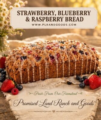Golden-glazed mixed berry bread loaf resting on cream linen in warm farmhouse morning light, surrounded by fresh strawberries, blueberries, and raspberries. Rustic wood table with soft floral accents and cozy cottage-style styling.