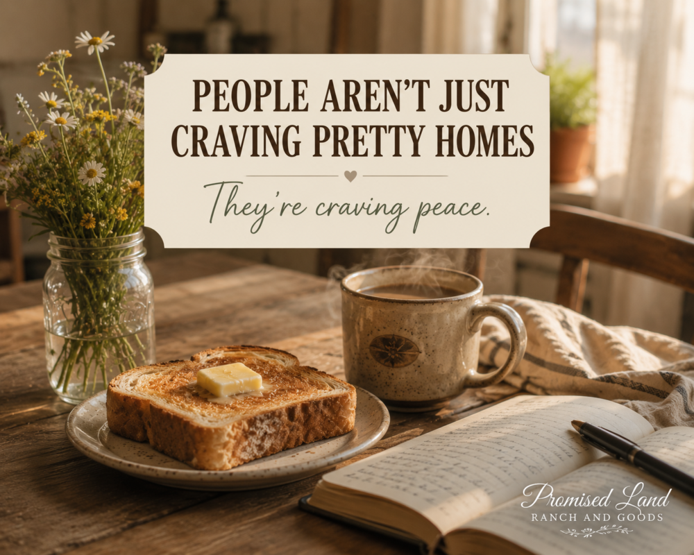 Homemade buttered toast and steaming coffee on a rustic farmhouse table with wildflowers and handwritten journal in soft morning light.
