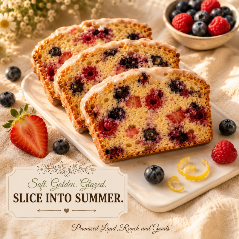 Three slices of mixed berry bread fanned on a white serving board showing a golden crumb filled with strawberries, blueberries, and raspberries, topped with lemon glaze, on a cream linen surface.