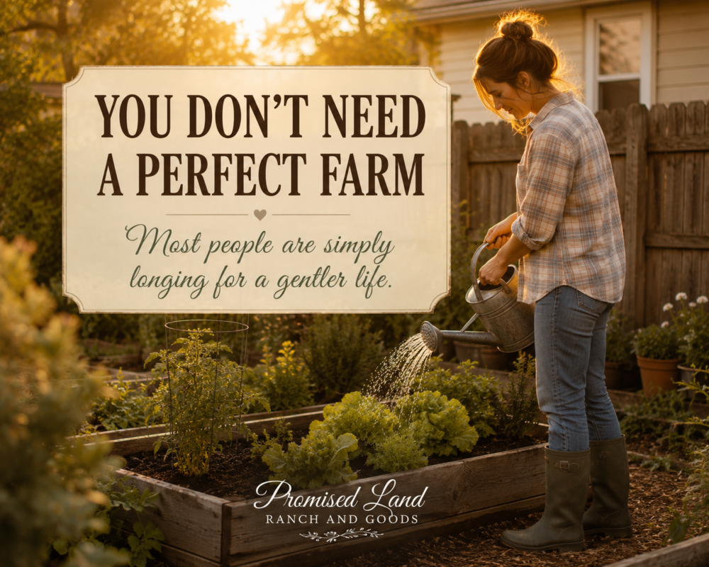 Woman watering a small raised garden bed in a modest backyard during golden hour with herbs, lettuce, and tomato plants growing.
Why Women Are Powerfully Drawn to Farmstead Living Today | PLR Goods