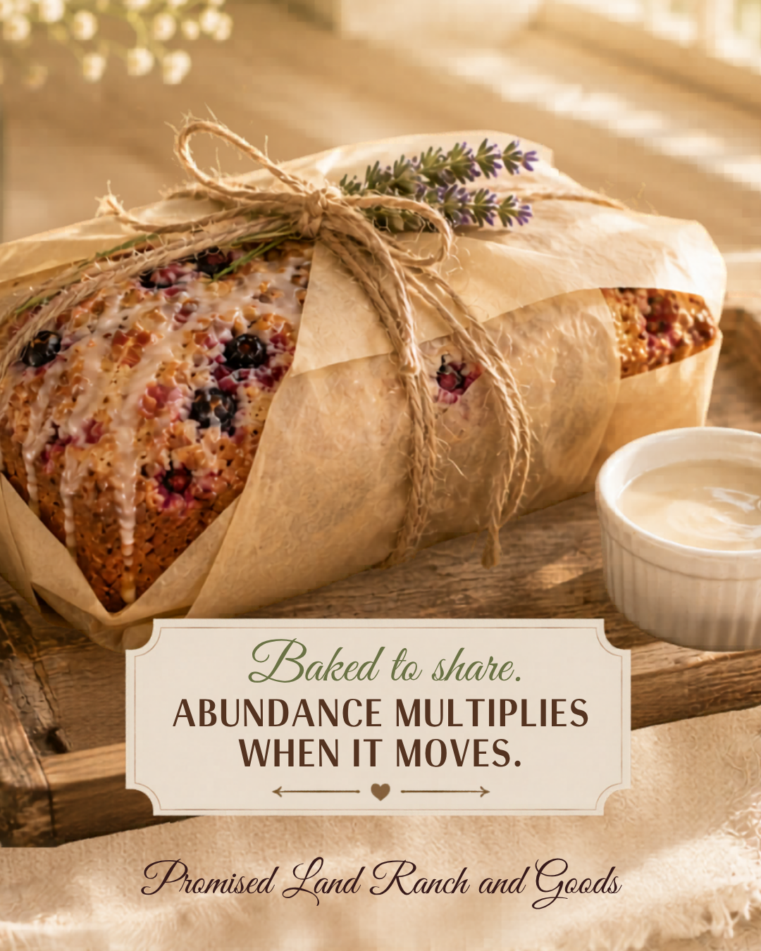 A mixed berry bread loaf wrapped in parchment paper and tied with jute twine on a wood tray beside a small ramekin of lemon glaze, styled for gifting in soft farmhouse morning light.