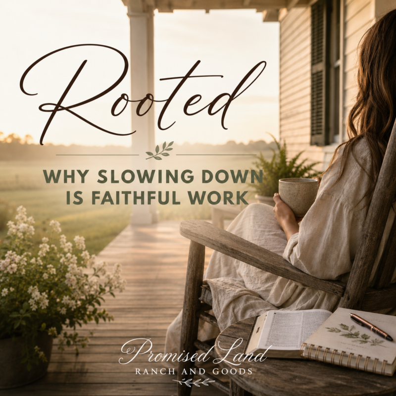 slowing down this summer faith - woman on farmhouse porch with Bible morning light - Promised Land Ranch and Goods