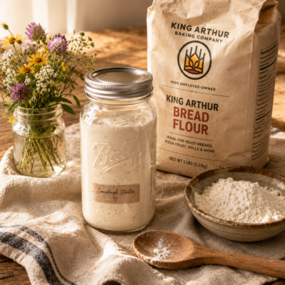 Ingredients for starting a sourdough starter from scratch, including an active sourdough starter in a Ball jar, King Arthur Bread Flour, wooden spoon, and wildflowers styled on a farmhouse linen backdrop. For your website, I would use the SEO-optimized version because it naturally incorporates keywords without sounding forced. It also accurately describes exactly what is in the image, which is ideal for accessibility and search engines. Recommended Alt Text for this Farmstead Chronicles image: Ingredients for starting a sourdough starter from scratch, including an active sourdough starter in a Ball mason jar, King Arthur Bread Flour, a wooden spoon, and wildflowers styled on a farmhouse linen backdrop in warm morning light.