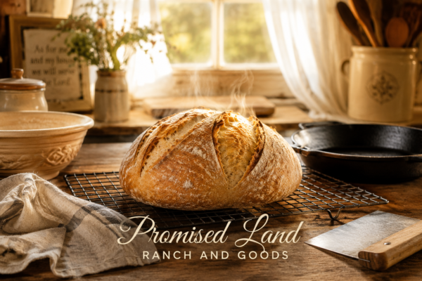 sourdough without Dutch oven golden boule on farmhouse table