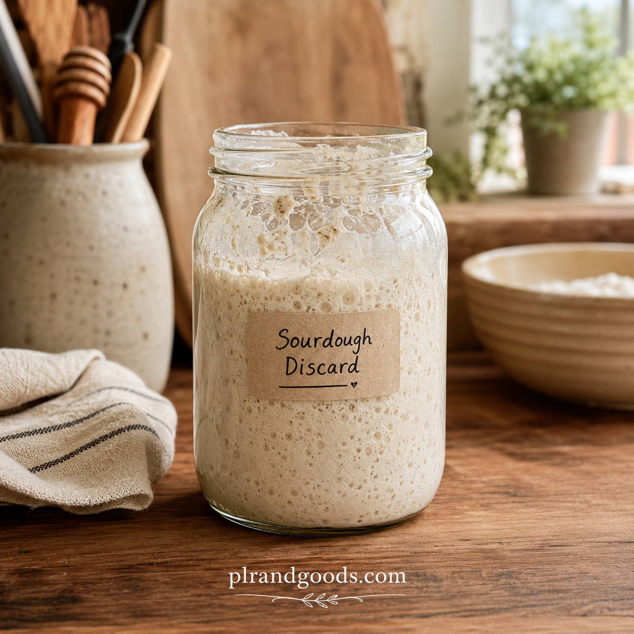 What can you do with sourdough discard — a glass jar of starter on a farmhouse kitchen counter — plrandgoods.com