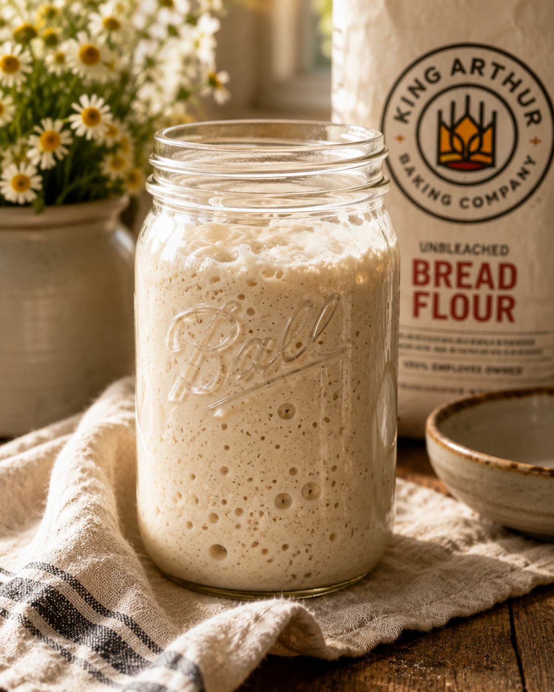 An active sourdough starter bubbling in a Ball mason jar, illuminated by warm morning light on a rustic farmhouse counter with King Arthur Bread Flour nearby.
